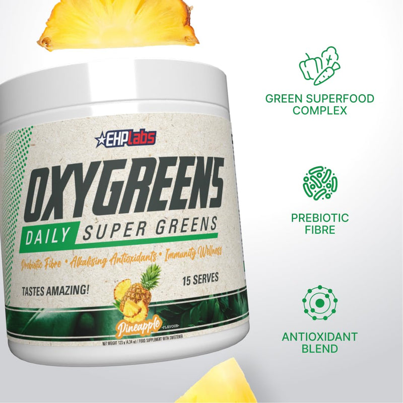 EHP Labs OxyGreens Super Greens Powder with Spirulina & Chlorella, Prebiotic Fiber, Probiotics & Digestive Enzymes – Antioxidant Green Superfood Supplement - 15 Servings - Pineapple 15 Serves