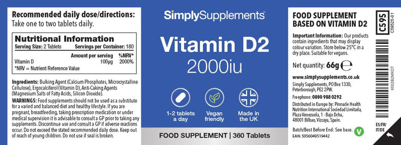 Vitamin D2 2000 IU | Supports Healthy Bones, Muscles & Immune Function | 360 Tablets (12-Month Supply) | Manufactured in The UK to GMP Standards | Suitable for Vegetarians Unflavoured 1 count (Pack of 360)