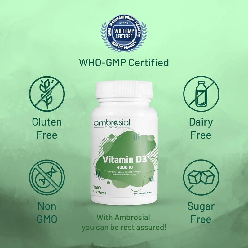 Ambrosial Vitamin D3 4000 IU (100 mcg) Softgel - High Strength Vitamin D Supplement | Gluten Free | Supports Immune System, Healthy Bones & Teeth | Vitamin D 4000iu | Pack of 1-120 Softgels