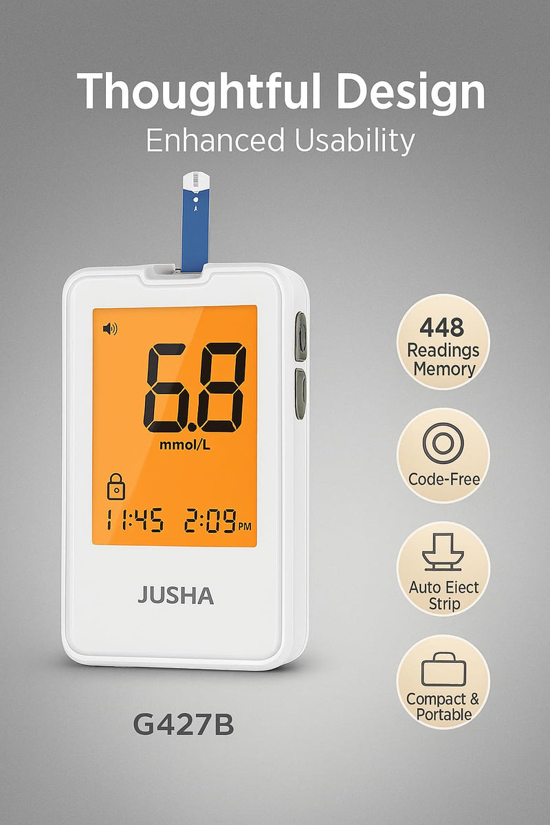 [Australia] - G-427B Bluetooth Blood Glucose Monitor Kit With Free APP - No Coding, 0.7µL Blood Sample, 5s Test, Large Backlit Display with 100 Strips &100 Lancets 
