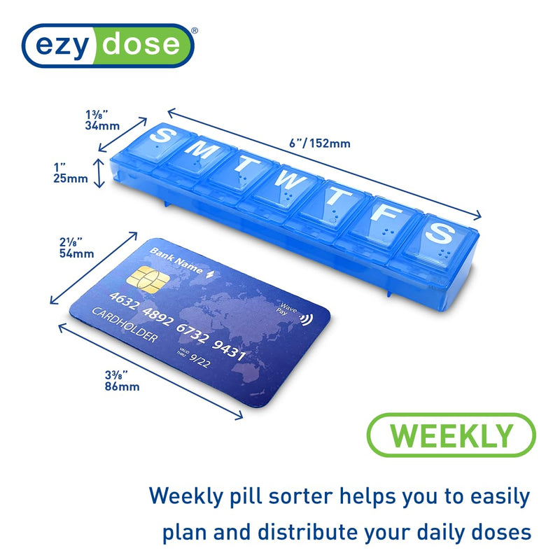 EZY DOSE Weekly (7-Day) Daily Pill Container, Medicine Planner, Vitamin Organizer, Large Locking Compartments Secure Prescription Medication and Prevent Accidental Spilling, Color May Vary, BPA Free Large 6" x 1.375" x 1"