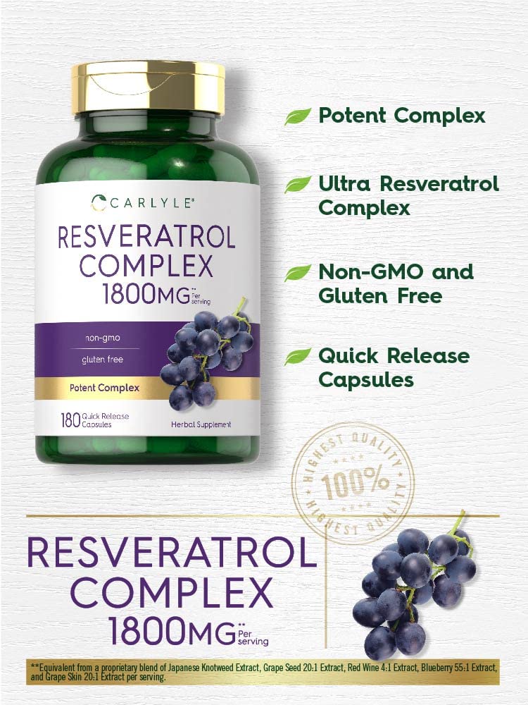 Carlyle Resveratrol Supplement 1800mg | 180 Capsules | Non-GMO & Gluten Free | Potent Complex