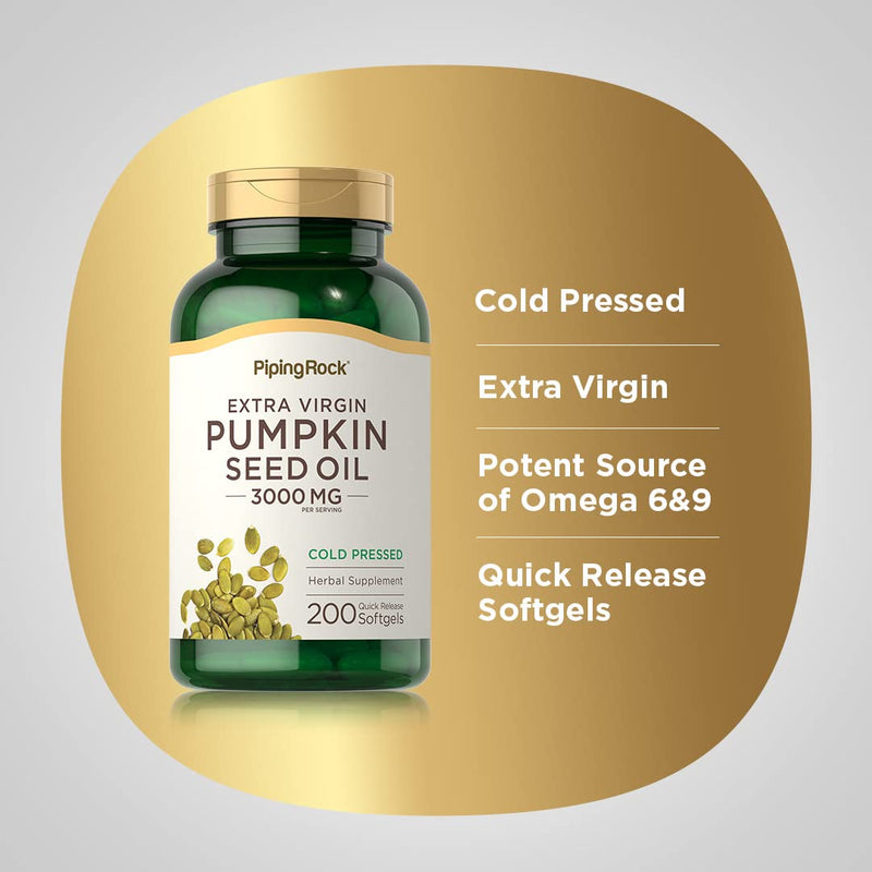 [Australia] - Piping Rock Pumpkin Seed Oil Capsules 3000mg | 200 Count | Cold Pressed Herbal Supplement | Extra Virgin | Non-GMO, Gluten Free 