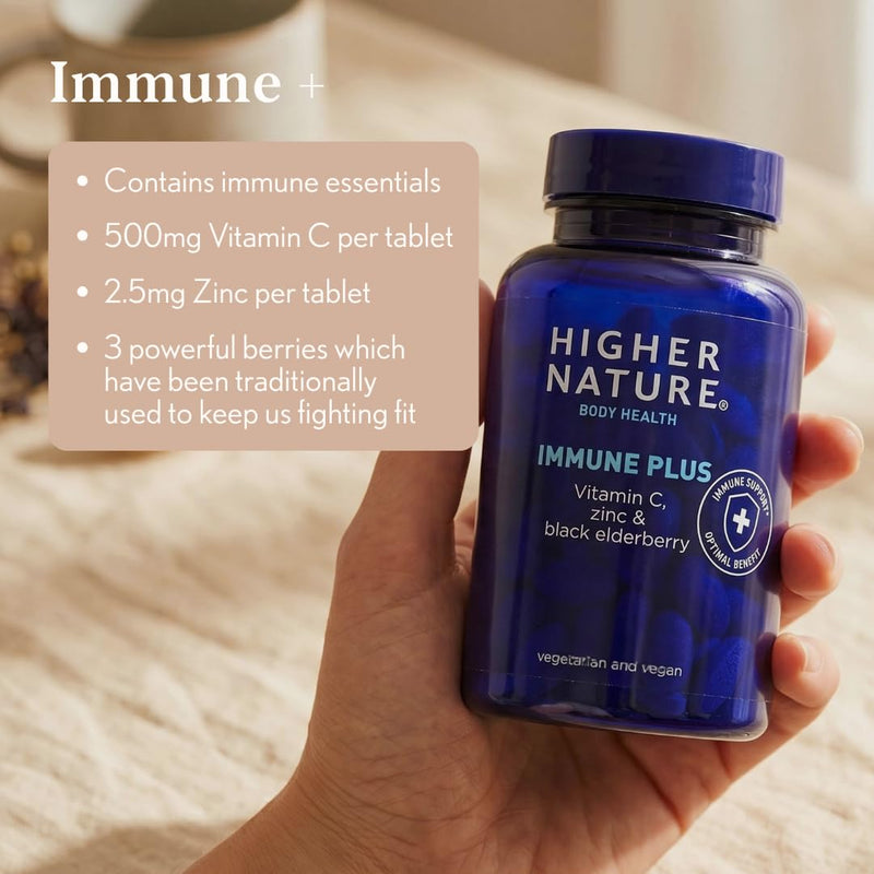Higher Nature Immune Plus - Vitamin C with Zinc & Black Elderberry - Immune Support Supplements - Vegetarian and Vegan Multivitamin - 90 Tablets Blackberry 90 count (Pack of 1)