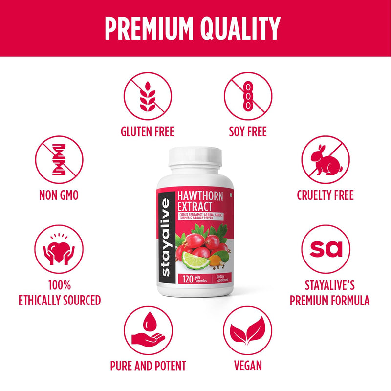 [Australia] - STAY ALIVE Extra Strength Hawthorn Berry Capsules, 20:1 Extract, 6-in-1 Antioxidant w/Citrus Bergamot, Turmeric Root Powder, Garlic, Arjuna & Black Pepper, 120 Vegan Pills, Hawthorne Berry Supplement 