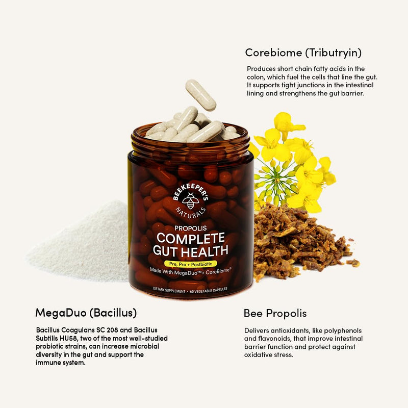 [Australia] - Beekeeper's Naturals Complete Gut Health, 3-in-1 Prebiotic, Postbiotic, Probiotics for Digestive Health & Bloating Relief for Women & Men, Propolis Powered, Gluten-Free Vegan Capsules, 60ct 60 Count (Pack of 1) 