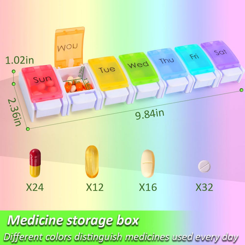 7 Day Pill Organizer, Removable Daily Cases with Rainbow Lids & Permanent Day Printing – No Stickers, Large Capacity Travel Medicine Holder for Pills, Vitamins & Fish Oil, Easy One-Handed Open (1/Day) D-mixed Color