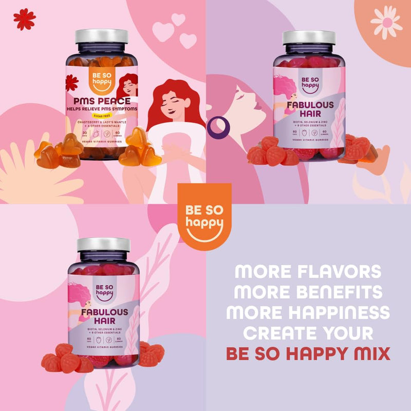 PMS Peace Gummies with Saffron and B Vitamins for Women, Vegan Formula for Premenstrual Support, 60 Gummies. BE SO HAPPY