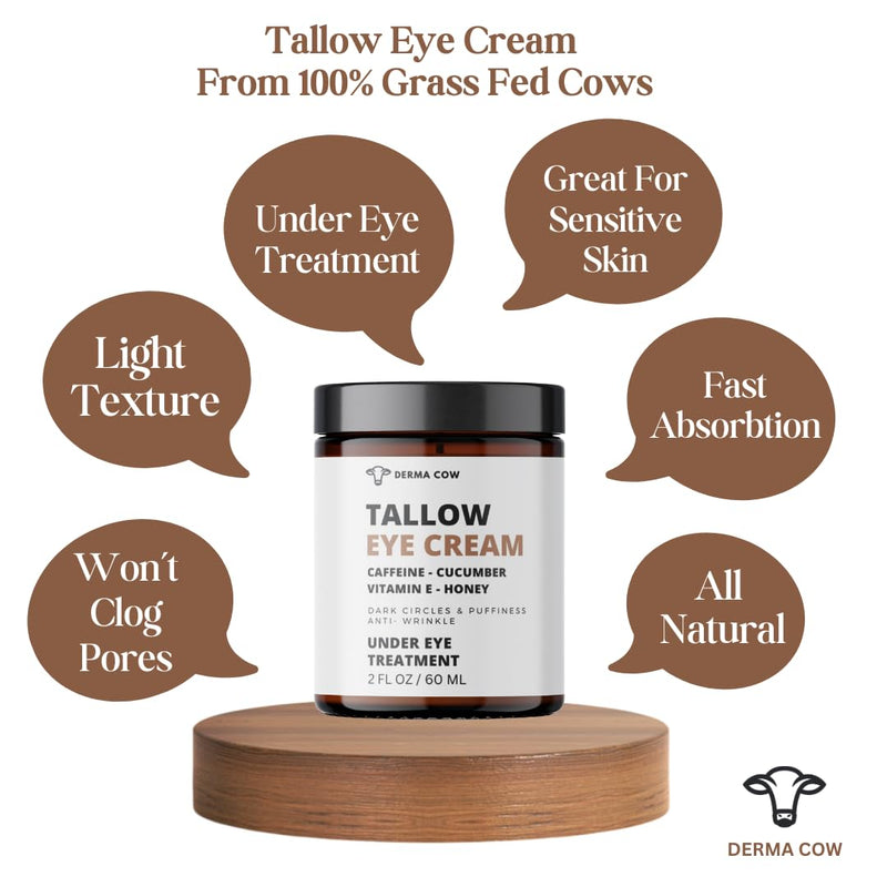 Tallow Eye Cream infused with Caffeine, Honey, Vitamin E and Cucumber, 100% Grass Fed Beef Tallow, Moisturizer , Dark Circles and Puffiness, Anti-Aging Cream , Anti-Wrinkle Under Eye Cream - 2oz