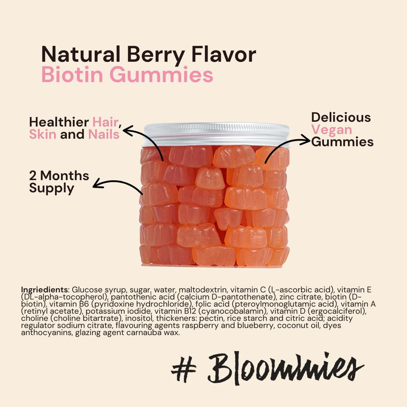 Biotin Gummies 5000 mcg for Hair Growth – Hair Skin Nails Vitamins with Zinc, Vitamin B6, B12, A, D2 & Folic Acid – Tasty Beauty Gummy Bears 60 Count (2 Month Supply) by Bloommies