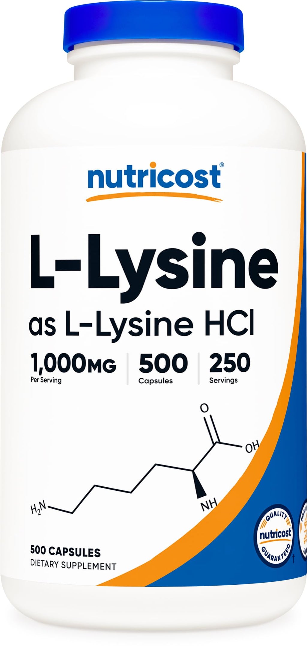 Nutricost L-Lysine 1000mg Per Serving, 250 Servings, 500 Capsules - Gluten Free, Non-GMO, 500mg Per Capsule 500 Count (Pack of 1)