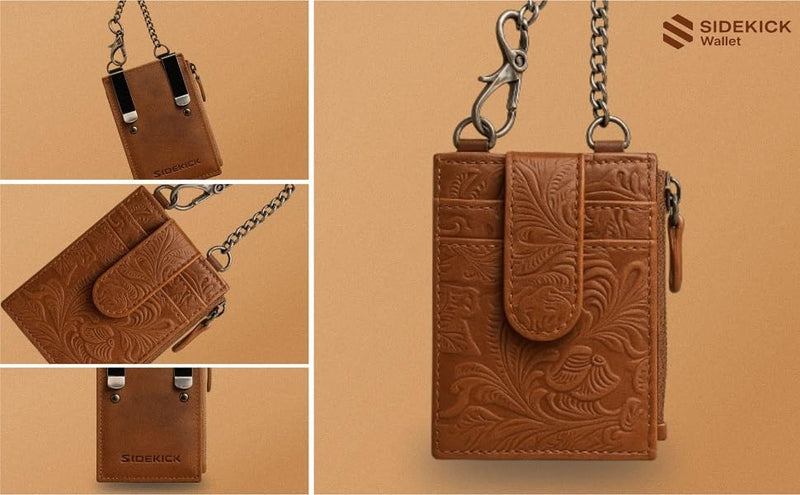 RFID Blocking Cowboy Boot Wallet, 100% Genuine Leather, for Men and Women | Security Chain, Zipper Lock, Travel Wallet, Minimalist Card Holder Toffee