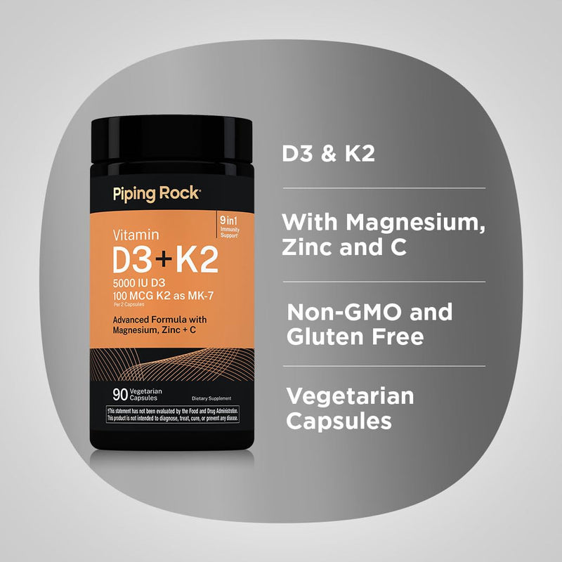 Piping Rock Vitamin D3 K2 | 5000 IU D3 | 90 Capsules | Advanced Formula | With 100 mcg MK7, Magnesium, and Zinc | Vegetarian, Non-GMO, Gluten Free Supplement
