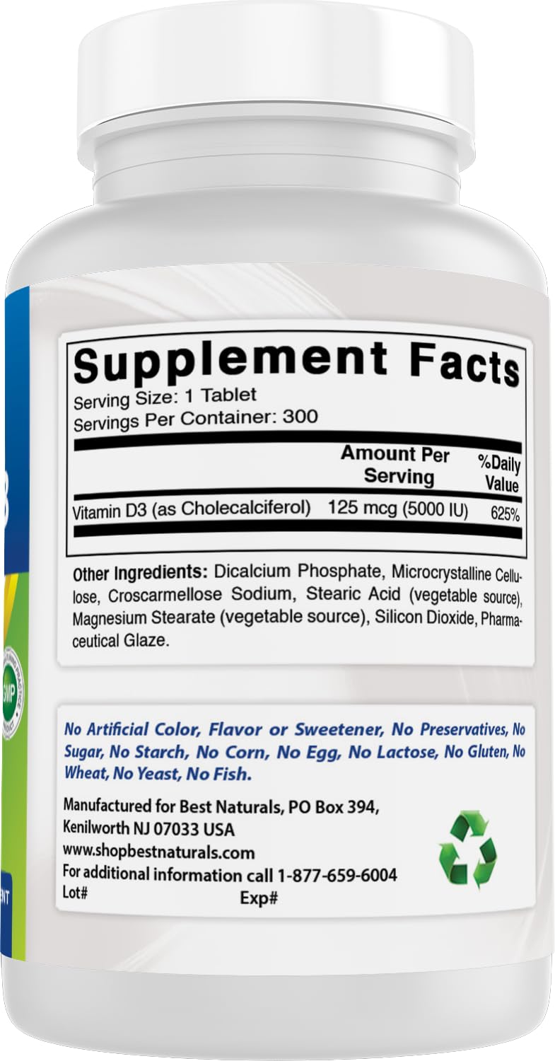 Best Naturals Vitamin D3 5000 IU – 300 Tablets – Made in USA, Non-GMO, Gluten Free, No Artificial Color, Flavor or Preservatives – Dietary Supplement 300 Count (Pack of 1)