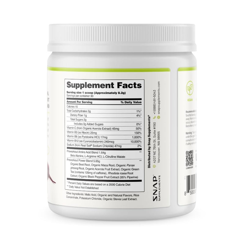 Snap Supplements Pre Workout Beet Root Powder, Nitric Oxide Supplements for Men and Women - Energy and Circulation Support, 8.8 oz, (30 Servings,1 Month Supply), Mixed Berry