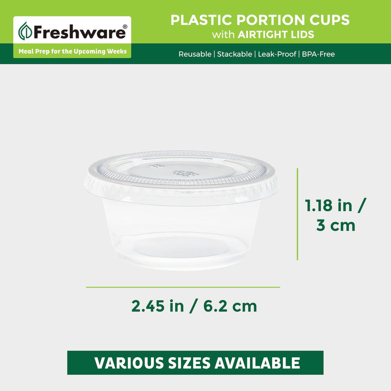 [Australia] - Freshware Plastic Portion Cups with Lids [2 Ounce, 100 Sets] Disposable Plastic Cups for Meal Prep, Salad Dressing, Jellos Shot Cups, Souffle Cups, Condiment and Dipping Sauce Cups 2 oz - 100 sets 