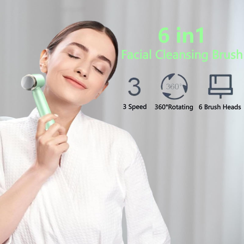 [Australia] - Facial Cleansing Brush, 6 in 1 Electric Face Scrubber with 6 Brush Heads and 3 Spin Speeds for Deep Cleansing, Waterproof Rechargeable Face Brushes for Dry Oily Sensitive Skin (Green) 