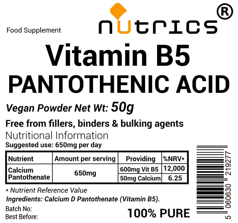 50g Vitamin B5 Pantothenic Acid Calcium D Pantothenate Powder - Pure, Free from Fillers, Binders & Bulking Agents, Suitable for Vegan Vegetarian
