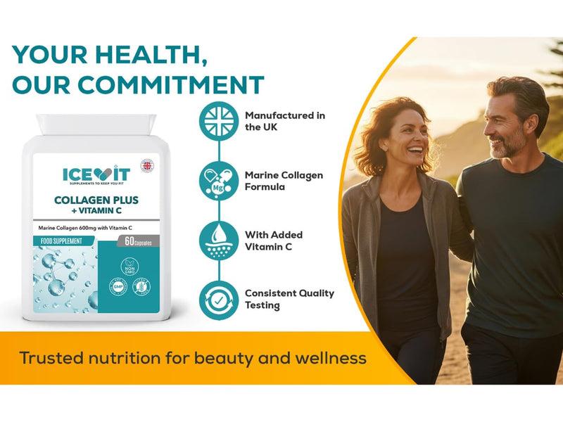 Collagen Plus with Vitamin C, Marine Collagen Capsules, 1200mg Collagen per Serving, Vitamin C 24mg, 60 Capsules, Food Supplement, Letterbox Friendly Flat Bottle