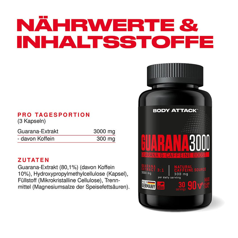 [Australia] - Body Attack-Guarana 3000, high-dose Guarana Energy Caps, 300mg caffeine & 3000mg guarana extract per daily serving, aspartame-free, for all athletes and athletes-Made in Germany-90 capsules 