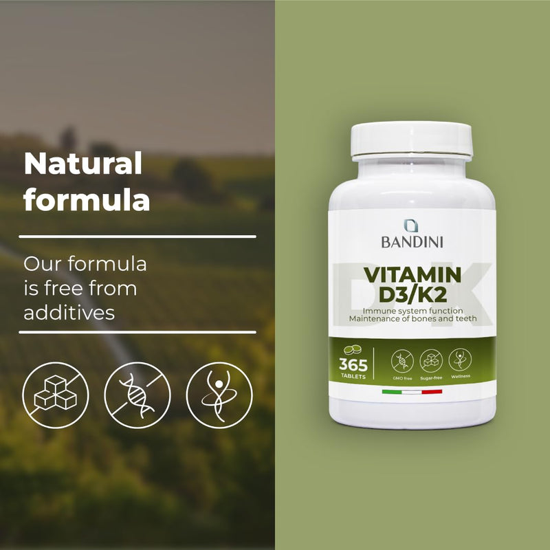 Bandini® Vitamin D3 K2 | 365 Easy-to-Swallow Tablets 1 Year Supply | 2000 IU Vitamin D3 & 200 mcg Vitamin K2VITAL® MK‑7 99% All Trans | Bones, Teeth, Muscles, Joints & Immune System | High Strength