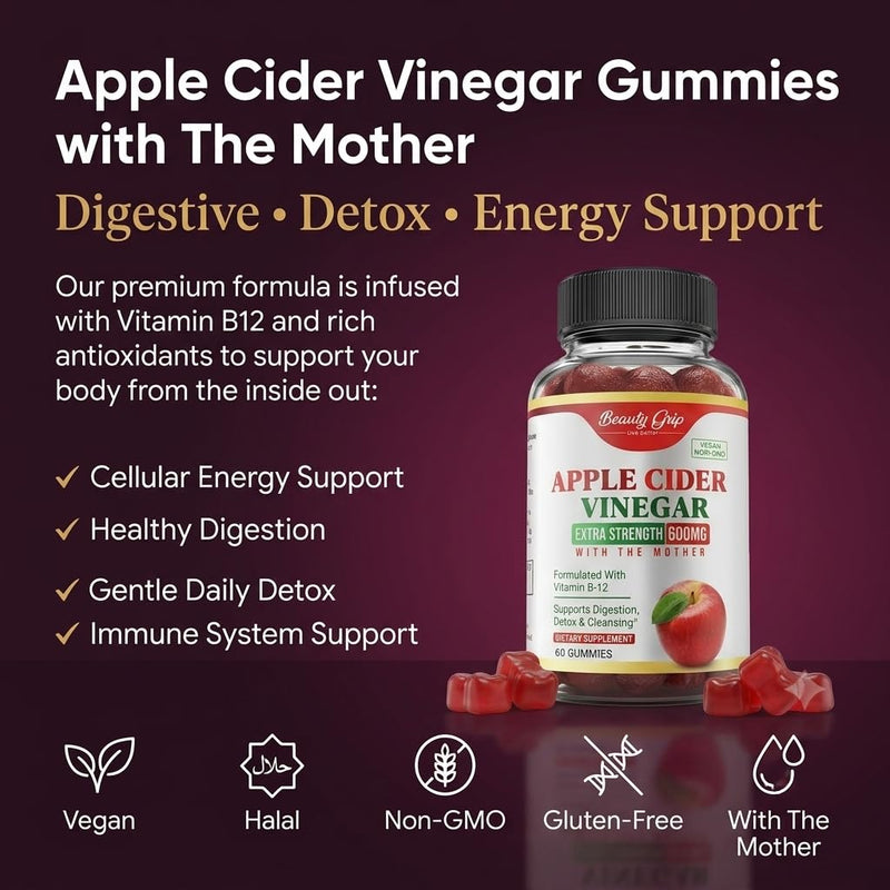 Apple Cider Vinegar Gummies with The Mother | Organic ACV, Pomegranate, Beetroot & B12, Digestive, Detox & Energy Support, Vegan, Halal