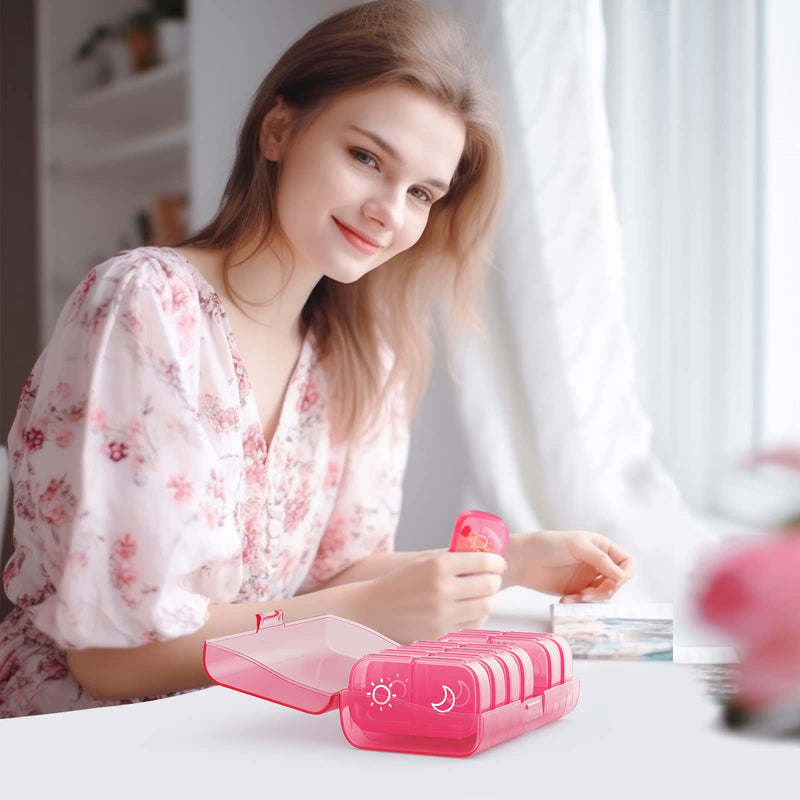 [Australia] - AUVON XL Weekly Pill Organizer 2 Times a Day, AM PM Pill Box 7 Day with One-Side Large Opening Design for Easy Filling, Portable Travel Pill Case for Medication, Vitamins, Fish Oils, Supplements A-pink 