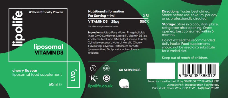 liposomal Vegan Vitamin D3 Supplement | Highly absorbable Plant sourced D3 | Manufactured in UK to cGMP Standards | lipolife | 60 Servings. 1000IU. LVD2. 60 ml (Pack of 1)