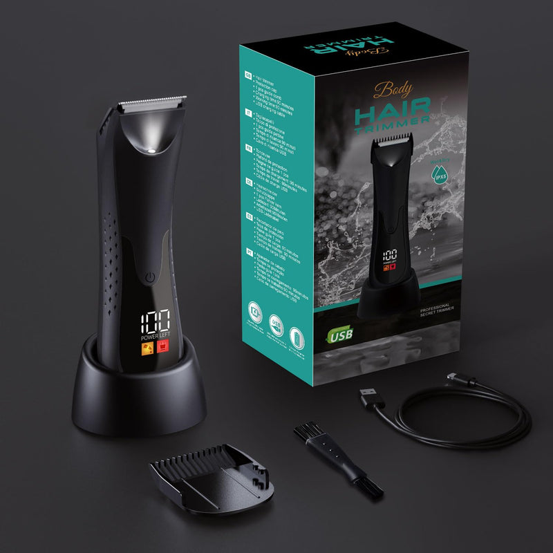 [Australia] - Groin Hair Trimmer - Electric Manscape Trimmer for Men, Waterproof Ball Trimmer for Pubic/Body/Groin Grooming with Ceramic Blade, LED Light, Charging Base Black 
