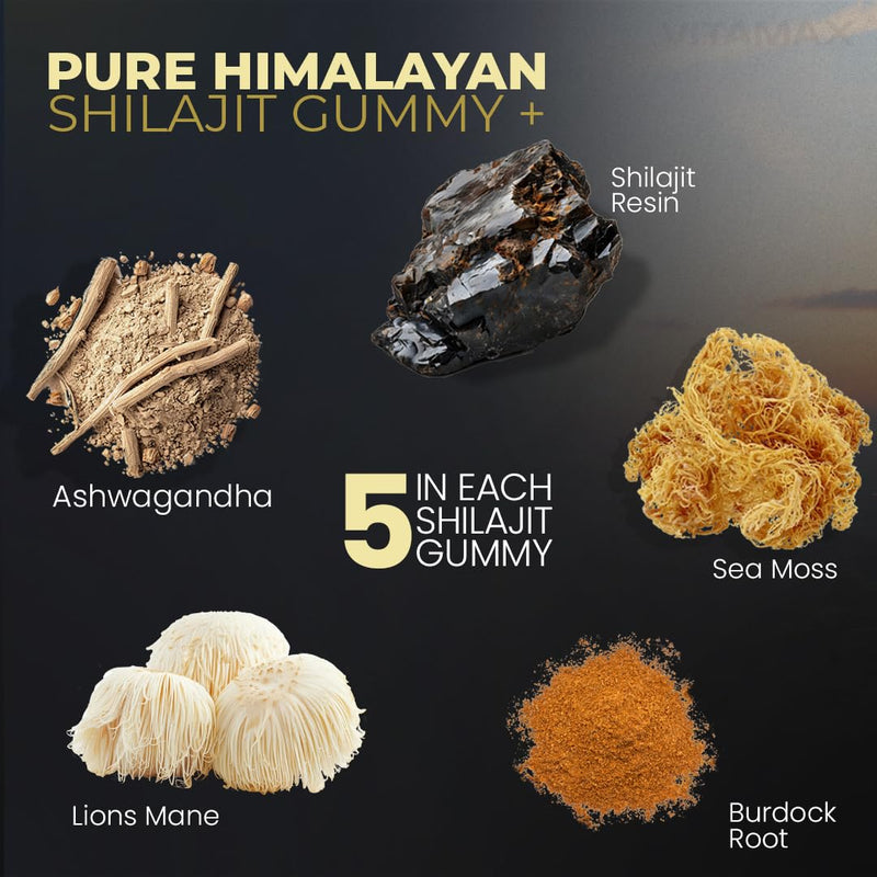 [Australia] - Organic Shilajit Gummies, Sea Moss, Ashwagandha, 105+ Trace Minerals ‚Äì Organic Burdock Root & Lions Mane Mushroom - Blue Razz ‚Äì Vegan & Non-GMO ‚Äì Made in USA ‚Äì 60ct 