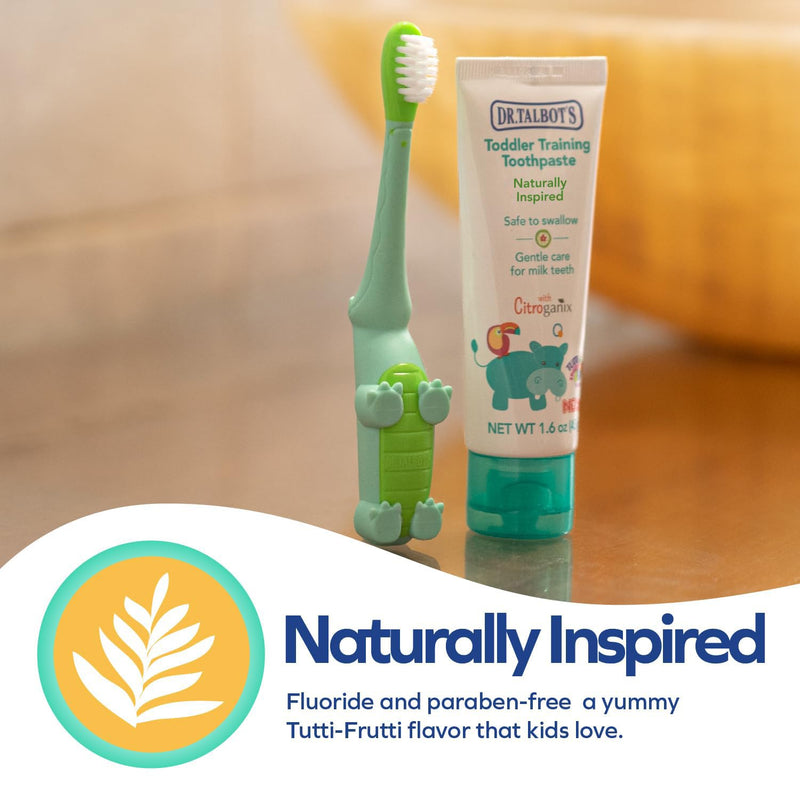 [Australia] - Dr. Talbot's Toddler Training Toothbrush and Natural Kids Toothpaste with Citroganix - 1.6 oz - Fluoride-Free Toothpaste and Toddler Toothbrush - 6+ Months - Alligator Alligator + Toothpaste 