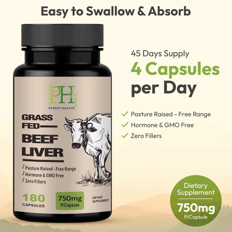 Beef Liver Capsules Grass-Fed from New Zealand – Natural Multivitamin for Energy, Iron & Focus – 750mg High Strength – 180 Capsules – No Fillers, Non-GMO 180 count (Pack of 1)