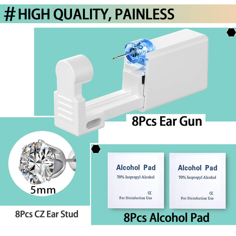 24 Pcs Ear Piercing Kit Disposable Ear Piercing Gun Kit with 8Pcs Self Piercing Gun and 8Pcs Earrings Stud 8Pcs Alcohol Pads Silver