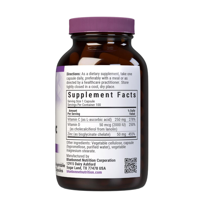Bluebonnet Nutrition Vitamin C, D3 & Zinc, for Immune Health and Respiratory Function*, Soy-Free, Gluten-Free, Non-GMO, Kosher Certified, Dairy-Free, 100 Vegetable Capsules, 100 Servings | Immune Health; Non-GMO, Kosher Certified, Gluten-Free, Soy-Free...
