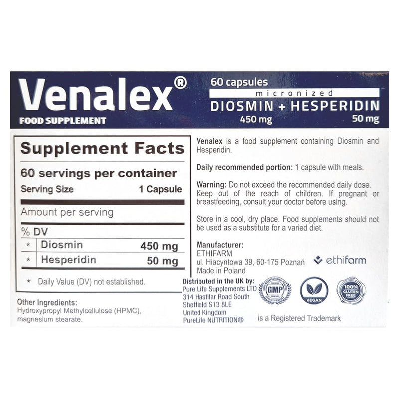 Food Supplement with Micronised Diosmin 450 mg & Hesperidin 50 mg (9:1) – 60 Day Supply – Plant Flavonoid Complex – Vegan – GMP Manufactured– Gluten Free