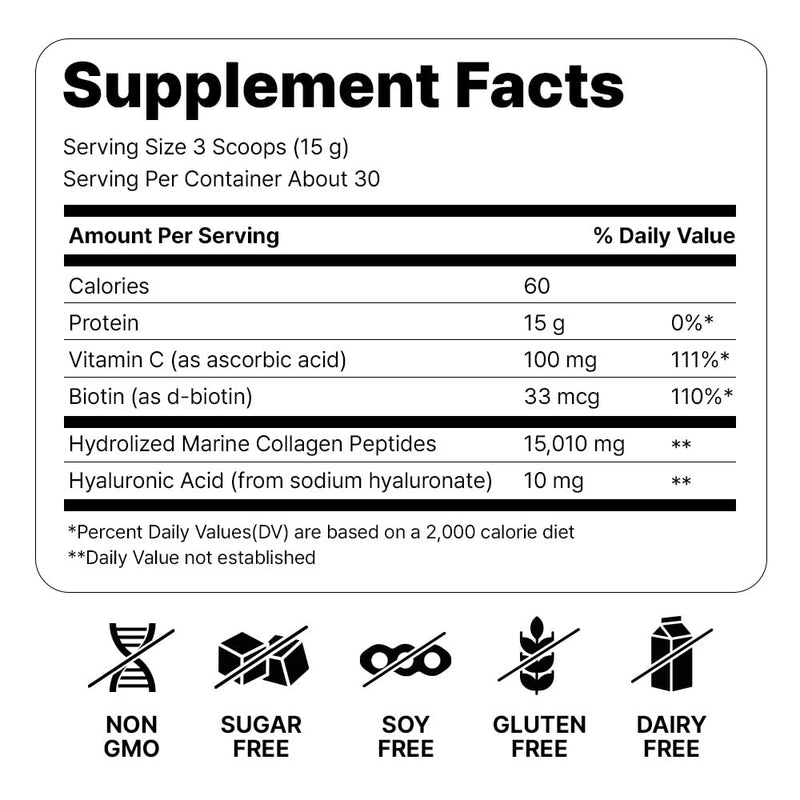 Marine Collagen Peptides - Hydrolyzed Ultra-fine Collagen Powder for Women & Men, Hyaluronic Acid, Biotin, Vitamin C, for Skin, Hair, Nails, Joints, Non-GMO, Unflavored, Easily Dissolved, 16oz