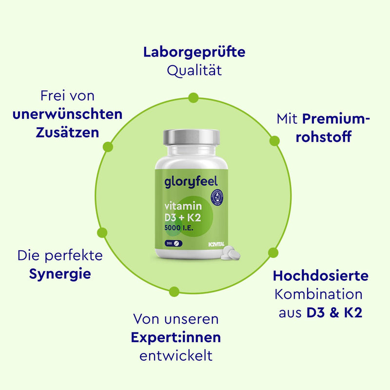 [Australia] - Vitamin D3 K2 5000 IU (2+ years) - Premium: K2VITAL® 99.7+% All-Trans - 200µg Vitamin K2 MK7 High dosage - 1 tablet/5 days - Laboratory tested, made in Germany without additives 