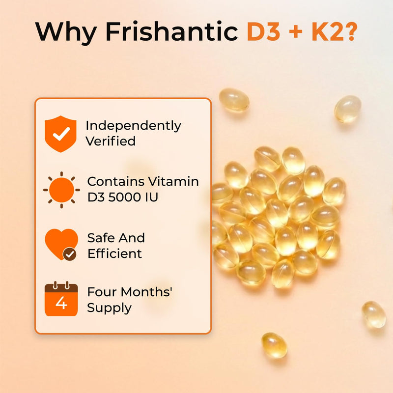 Vitamin D3 K2 5000IU, Bone & Immune Support, 120 Softgels | MK-7 100mcg for Calcium Directing, Easy-Swallow, Sunflower Seed Oil, 13-Allergen Free, Non-GMO, 4-Month Supply Vitamin D3 5000 IU