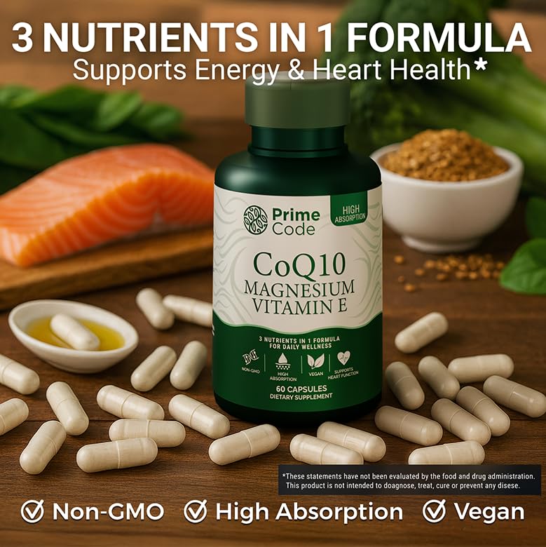 Prime Code [ 3 𝐢𝐧 𝟏] CoQ10 250mg with Magnesium Glycinate and Vitamin E | CoQ10 Capsules 250mg | Magnesium Glycinate 200mg | Vitamin E 15mg | Non-GMO | Gluten & Soy Free | Vegan
