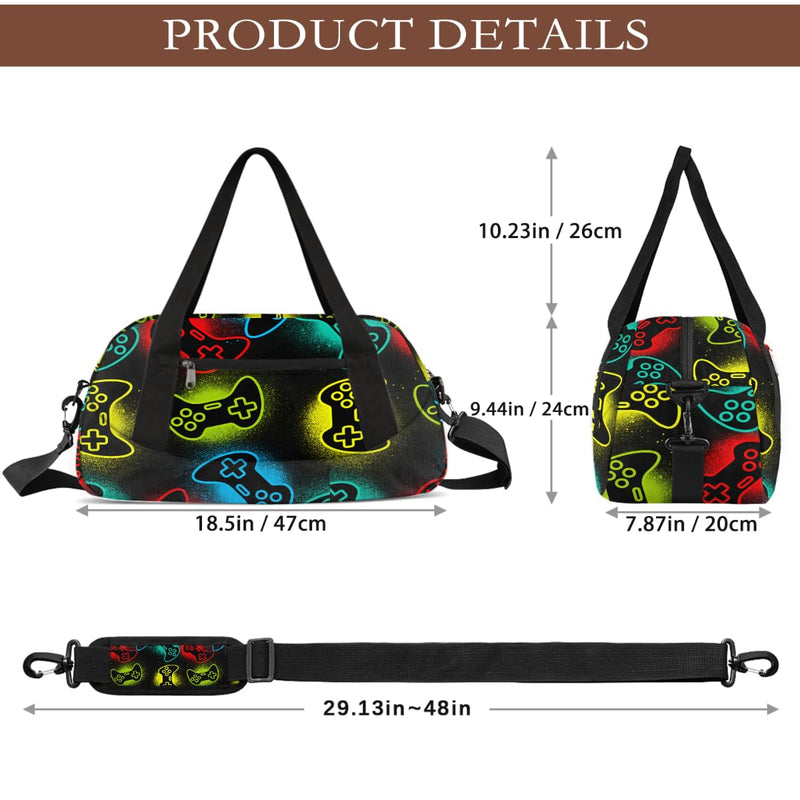 Gym Travel Duffle Bag for Boys - Game Joysticks Kids Overnighter Weekend Bag with Front Zipper Pocket for School Practice, Teens Carry-On Size Sleepover Bags Gamer Gamepad