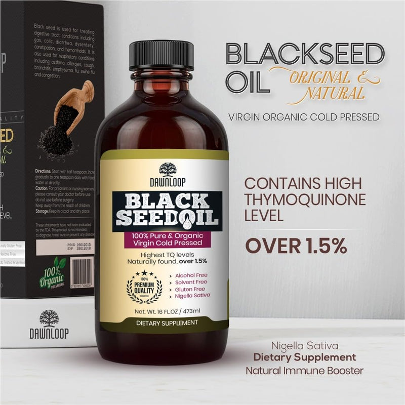 [Australia] - DAWNLOOP Black Seed Oil Organic Cold Pressed 4oz - 100% Pure High Thymoquinone Nigella Sativa, Black Cumin Oil for Immune Support, Brain Function, Digestion, Joint Mobility, Gluten Free, Non GMO 1 Count (Pack of 1) 