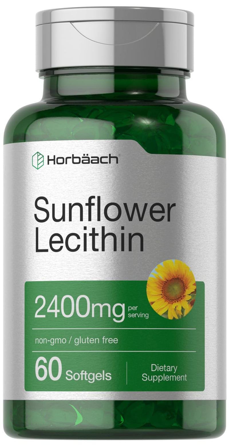 Horbäach Sunflower Lecithin 2400mg | 60 Softgel Capsules | Naturally Occurring Phospholipids | Non-GMO, Gluten Free Supplement |