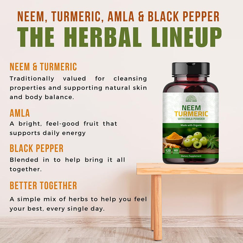 [Australia] - Neem Turmeric Capsules with Amla and Black Pepper 120 Veg Capsule | Made with Organic Neem, Turmeric and Amla | 60 Days Supply 120 Count (Pack of 1) 