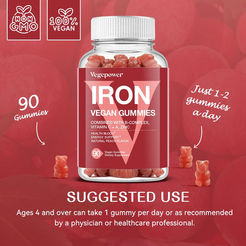 Vegan Iron Gummies Supplement for Adults & Kids, Peach, 90 Ct | with Vitamin C, A, B-Complex, Folate, Zinc - Healthy Blood & Energy Support for Iron Deficiency, Anemia, No Gelatin, Non-GMO 90 Count (Pack of 1)