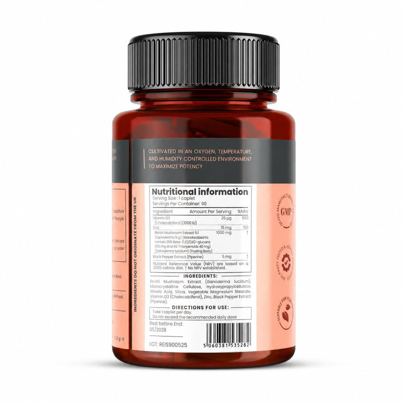 pureclinica Reishi Mushroom Extract 1000mg (5:1) per Tablet – 90 Caplets (3-Month Supply) – with Vitamin D3 (25µg), Zinc (15mg) & Piperine (5mg) – Fruiting Body (Ganoderma lucidum) 90 Count (Pack of 1)