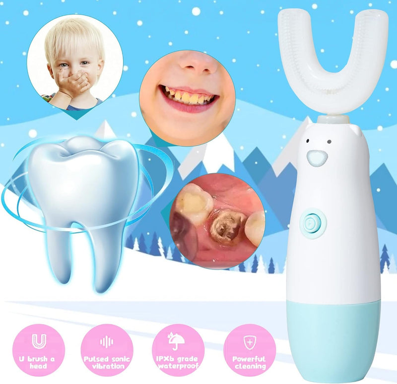 [Australia] - Kids Electric Toothbrush，6 Cleaning Models Toddler Toothbrush Waterproof Battery Powered 360 Automatic Sonic u Shaped Toothbrushes for 2-7 Years Old for Boys Girls（Blue） Age 2-7 Blue 