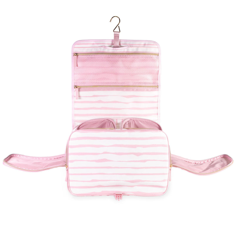 kate spade new york Hanging Toiletry Bag, Goddess Stripe | 8.5" x 12.75" x 6" Travel Organizer with Gold Hook, 2 Large Bottle Compartments, Mesh & Clear Pockets, Nylon & Mesh
