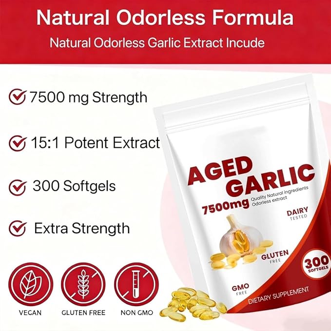 Aged Garlic Extract Capsules 7,500mg Equivalent 300 Softgels, Odourless Aged Garlic 15:1 Concentrate, Garlic Capsules for Daily Support, Non-GMO
