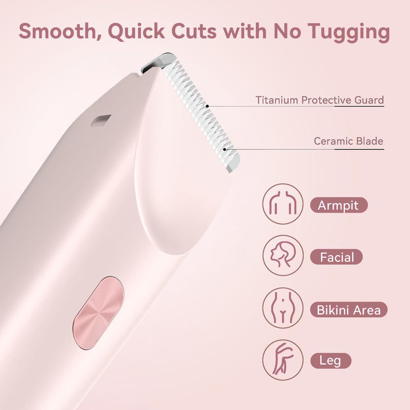 Bikini Trimmer for Women Electric Razors for Women, Double Head Dual Purpose, IPX7 Waterproof Hair Razor, Ceramic Blade Hair Trimmer Wet & Dry Use, Painless Electric Shaver for Facial and Body (Pink) Pink