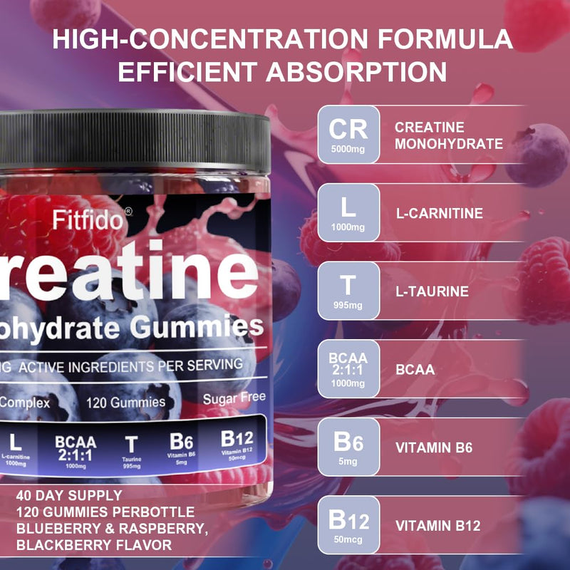 [Australia] - Creatine Monohydrate Gummies Complex 8000mg for Men and Women, Containing L-carnitine & Taurine, Build Muscle, Boost Energy, Faster Recovery, Sugar Free & Vegan, Raspberry & Blackberry, 120 Count 